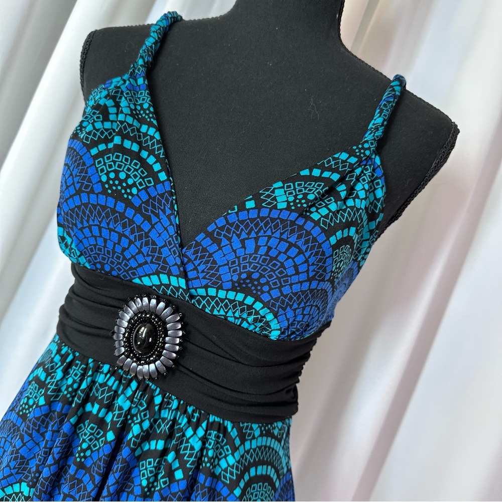 Candie's Vintage Blue Geometric Sleeveless Dress  Sz M Rouched Beaded Mini EUC!!
